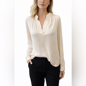 Cecile Wang France Cream Silk Blouse Mandarin Collar V-Neck